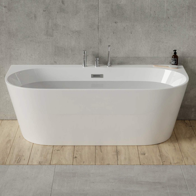 Corsan MONO Wand-Freistehende Badewanne 160 x 74 cm mit breitem Rand Klick-Klack-Stöpsel Chrom
